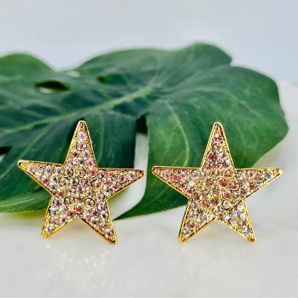Vintage Huge Rhinestone Star Earrings 80s Clip On Gold Bling Sparkle Cos… - Picture 3 of 10